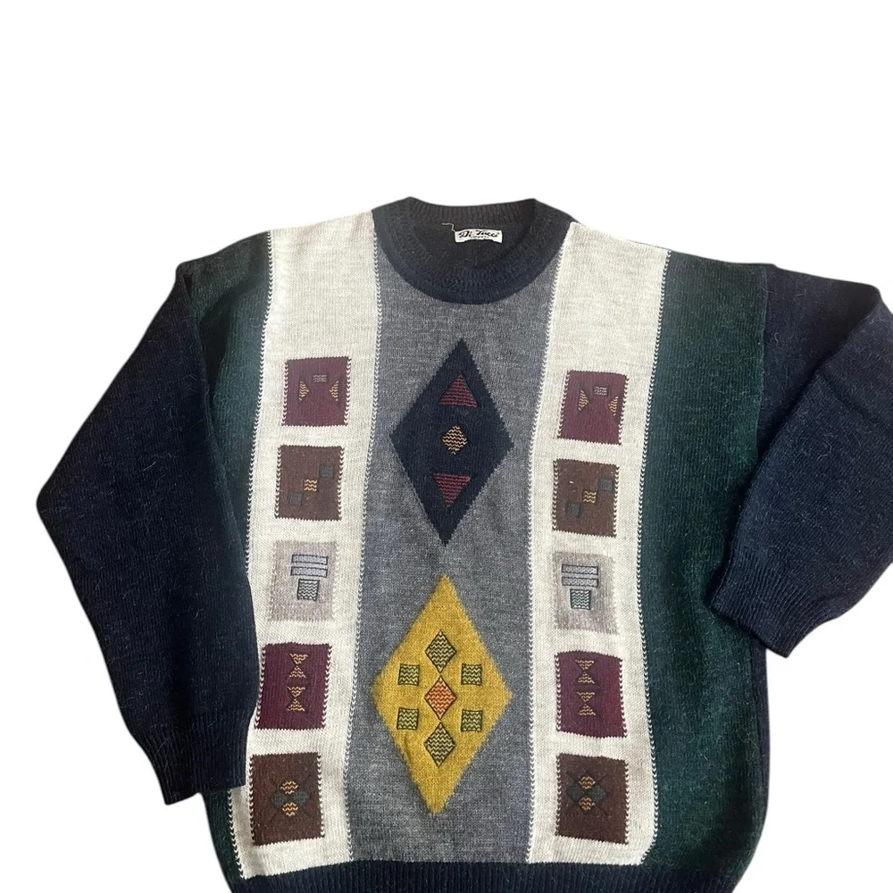 Vintage Ecelctic grandpa crewneck sweater geometric shapes blue and green base L - Picture 2 of 7